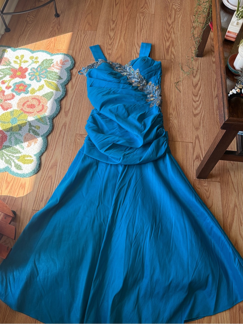 ASPEED USA Teal Beaded Ruched Formal Prom Ball Gown